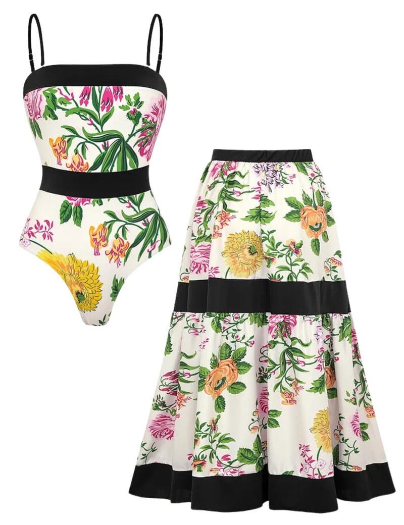 FLAXMAKER Sequin Embroidered Bird One Shoulder Printed One Piece Swimsuit and Skirt (US, Alpha, Small, Regular, Regular, Swimsuit Bow Tie and Falda) - Image 4