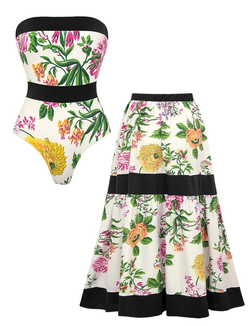 FLAXMAKER Sequin Embroidered Bird One Shoulder Printed One Piece Swimsuit and Skirt (US, Alpha, Small, Regular, Regular, Swimsuit Bow Tie and Falda) - Image 1