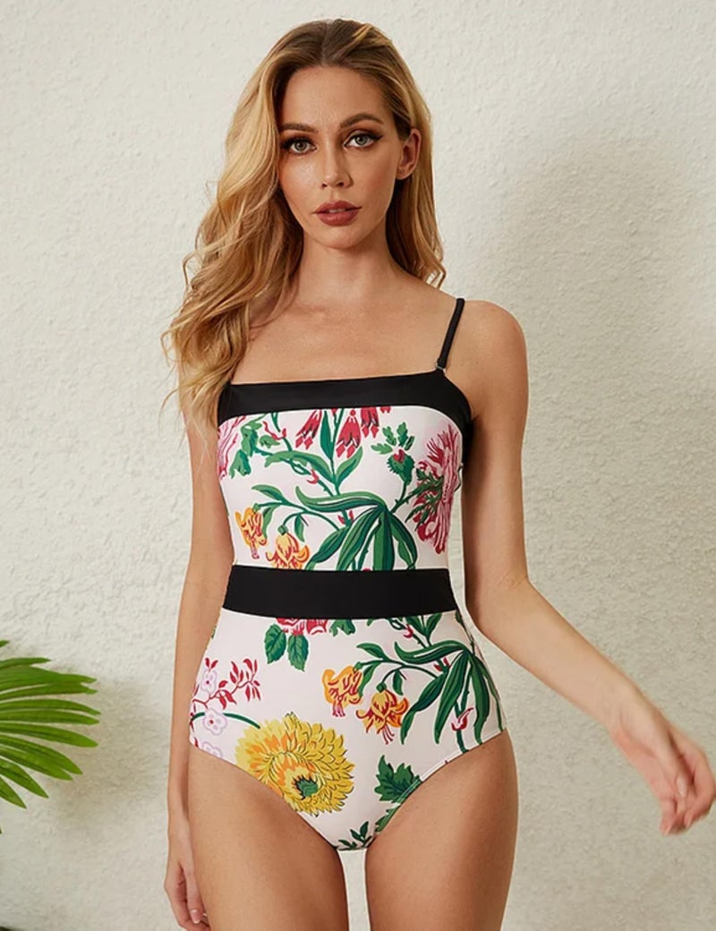 FLAXMAKER Sequin Embroidered Bird One Shoulder Printed One Piece Swimsuit and Skirt (US, Alpha, Small, Regular, Regular, Swimsuit Bow Tie and Falda) - Image 3