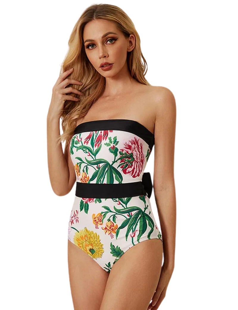 FLAXMAKER Sequin Embroidered Bird One Shoulder Printed One Piece Swimsuit and Skirt (US, Alpha, Small, Regular, Regular, Swimsuit Bow Tie and Falda) - Image 2