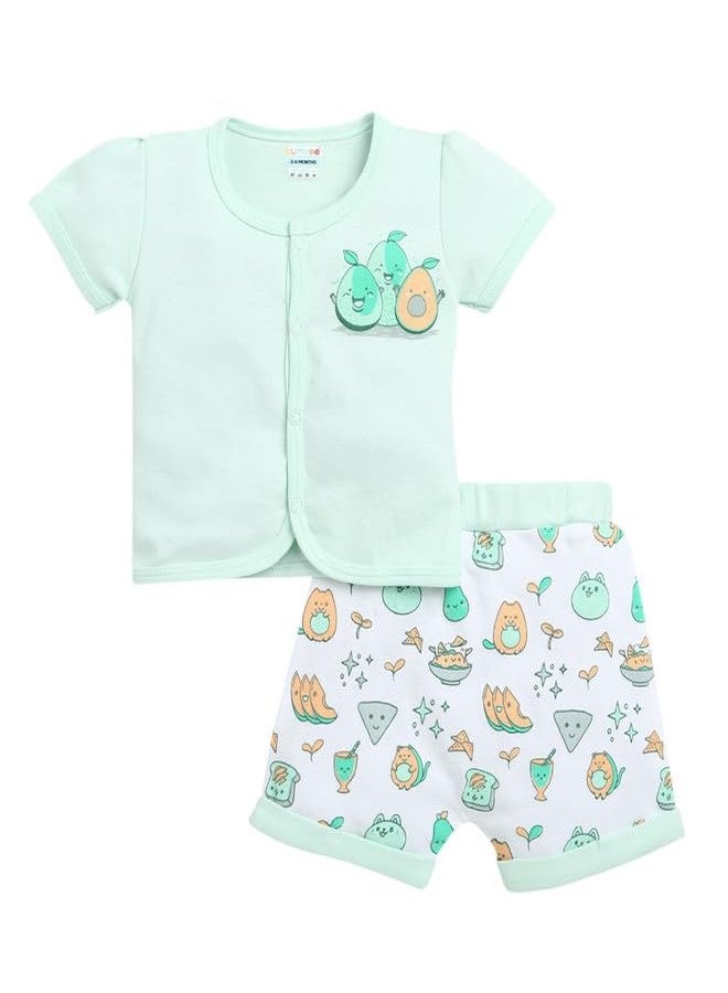 BUMZEE Baby Girls Cotton Half Sleeves Jabla & Short Set Mint Green & White - 3-6 Months (Peb10222C-mgn) - Image 1