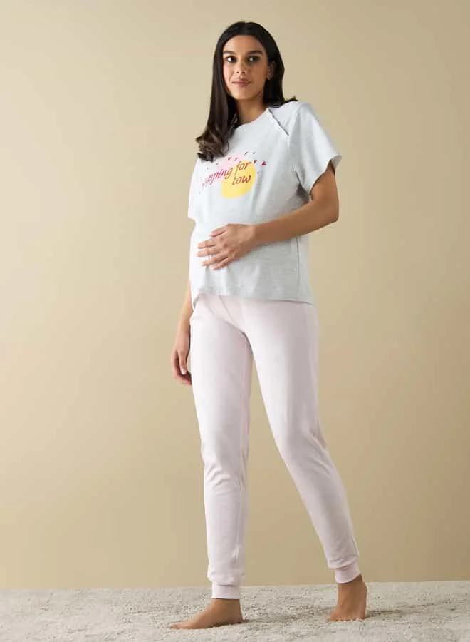 Splash FAV Slogan Print Maternity T-shirt and Pyjama Set