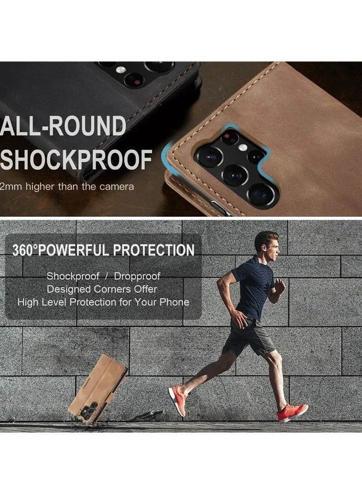 Color Fans Samsung Galaxy S23 Ultra Stand Function Fully Wrapped PU Leather Wallet Case Magnetic Auto-absorbed Phone Case - Brown - Image 3