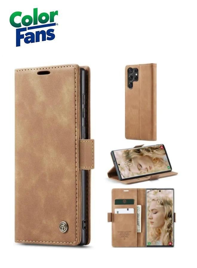 Color Fans Samsung Galaxy S23 Ultra Stand Function Fully Wrapped PU Leather Wallet Case Magnetic Auto-absorbed Phone Case - Brown - Image 1