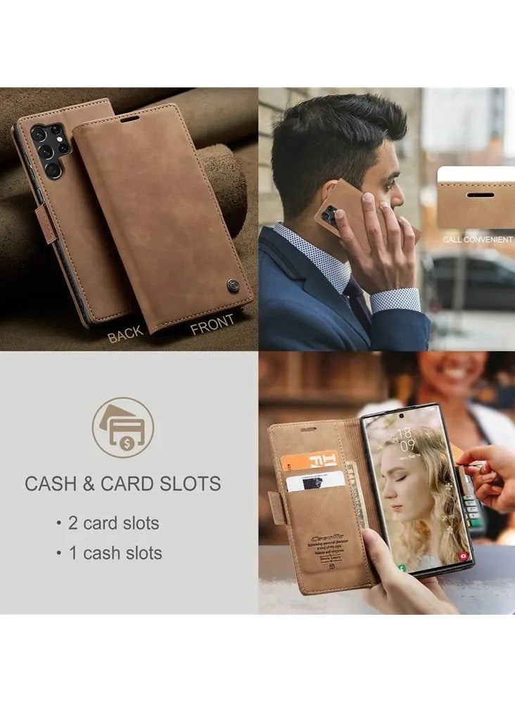 Color Fans Samsung Galaxy S23 Ultra Stand Function Fully Wrapped PU Leather Wallet Case Magnetic Auto-absorbed Phone Case - Brown - Image 5