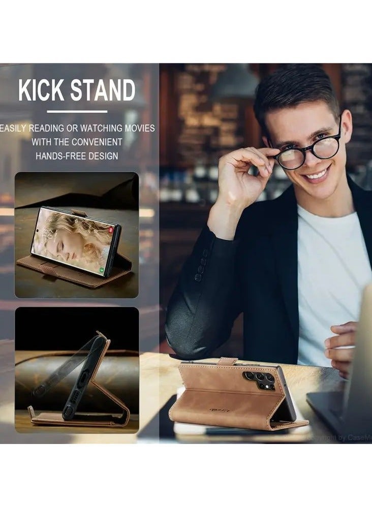 Color Fans Samsung Galaxy S23 Ultra Stand Function Fully Wrapped PU Leather Wallet Case Magnetic Auto-absorbed Phone Case - Brown - Image 4