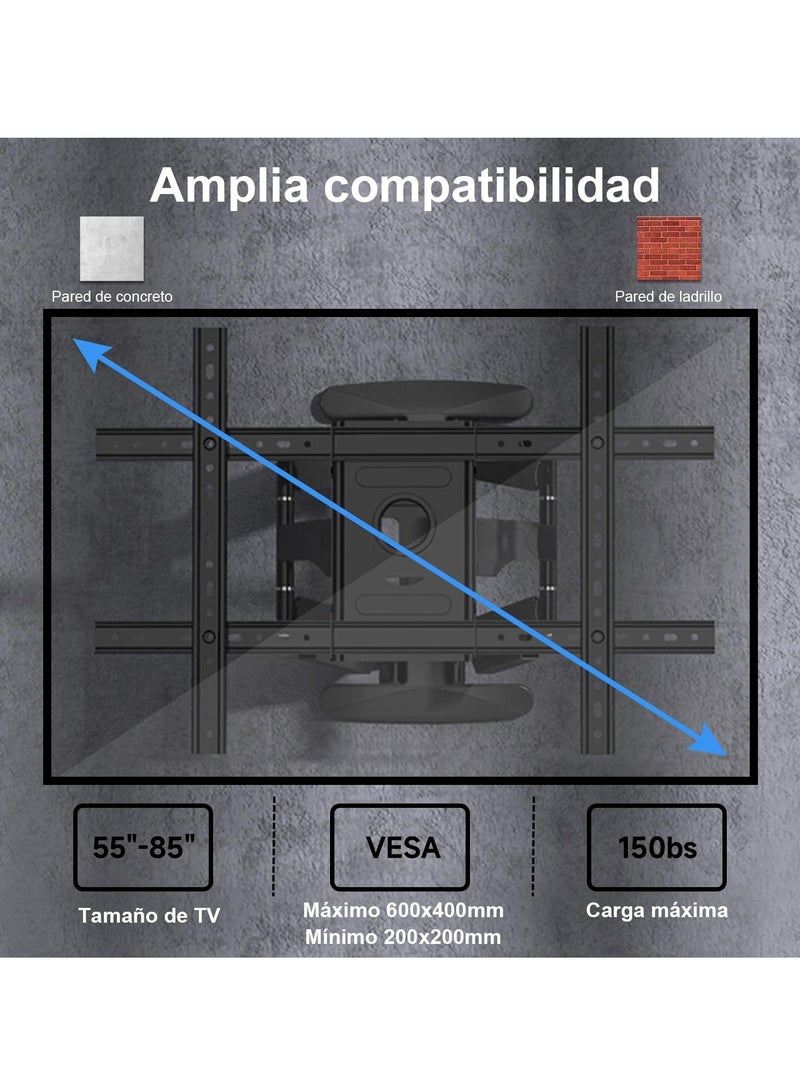 TV Wall Bracket for 55-85 inch Screens, Rotary/Tilt TV Base with Articulated Double Arms, TV Wall Mount for LED Screen/4K TV, Max Vesa 600x400 mm, Supports up to 68.2 kg - Image 4