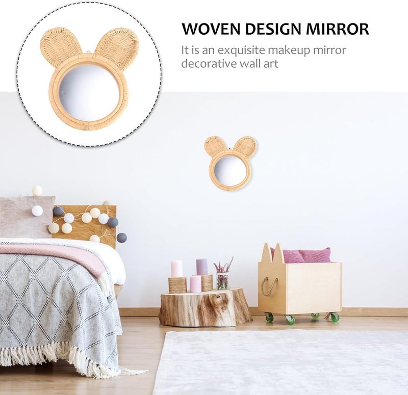 Rattan Woven Makeup Mirror Wall-Mounted Beige Decorative Mirror Rabbit Design for Bedroom Entryway Home Décor and Photography Prop - Image 3