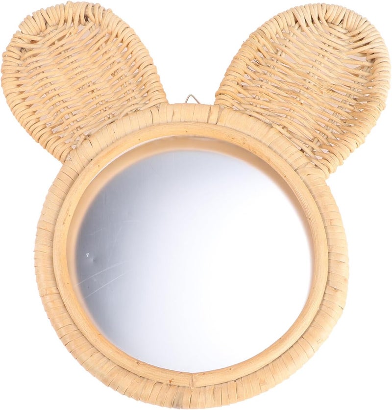 Rattan Woven Makeup Mirror Wall-Mounted Beige Decorative Mirror Rabbit Design for Bedroom Entryway Home Décor and Photography Prop - Image 1