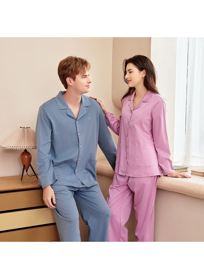 Meibiao Pure Cotton Pajamas For Women And Men, Autumn And Winter Couple Long-sleeve Set, Solid Color All-cotton Cardigan Loungewear, Bean Paste Purple, XL - Image 5