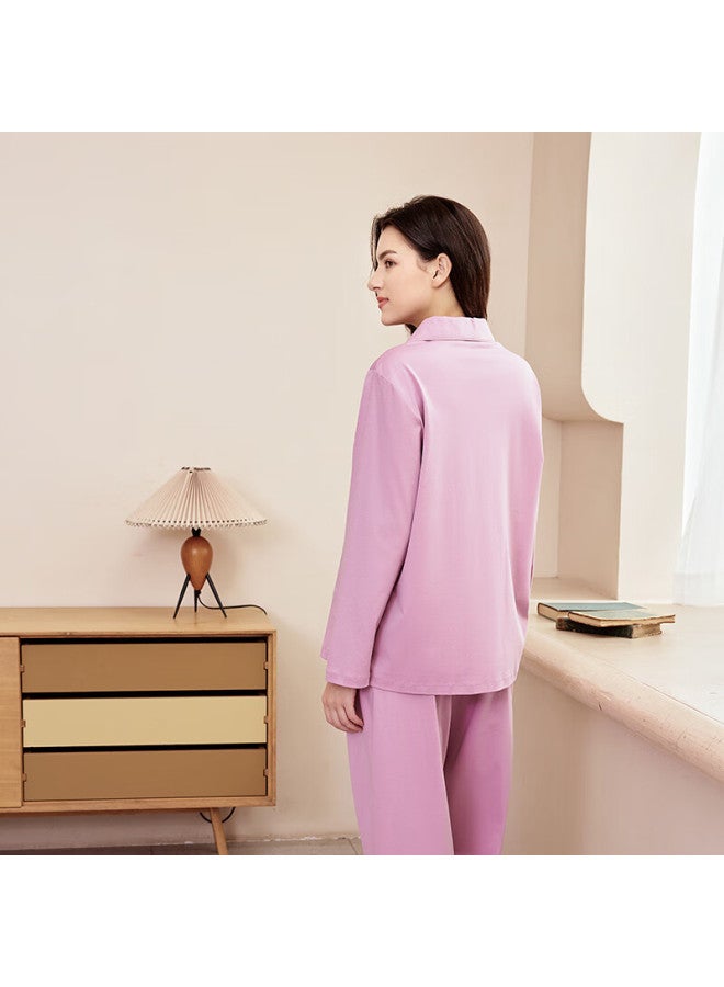 Meibiao Pure Cotton Pajamas For Women And Men, Autumn And Winter Couple Long-sleeve Set, Solid Color All-cotton Cardigan Loungewear, Bean Paste Purple, XL - Image 3
