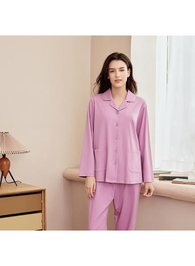 Meibiao Pure Cotton Pajamas For Women And Men, Autumn And Winter Couple Long-sleeve Set, Solid Color All-cotton Cardigan Loungewear, Bean Paste Purple, XL - Image 2