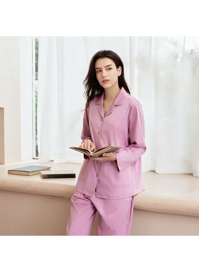 Meibiao Pure Cotton Pajamas For Women And Men, Autumn And Winter Couple Long-sleeve Set, Solid Color All-cotton Cardigan Loungewear, Bean Paste Purple, XL - Image 1