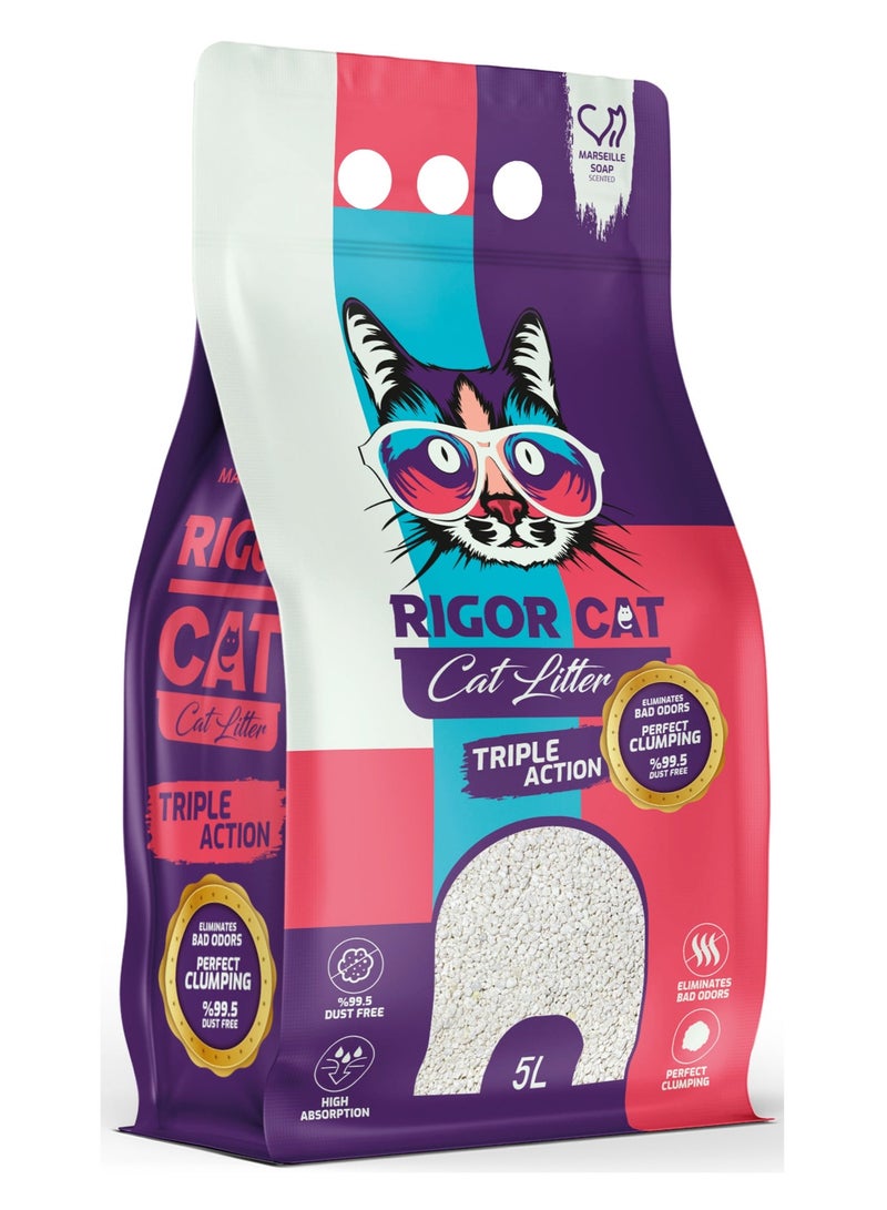 ريجور رمل قطط 5لتر  برائحة صابون مارسيليا ثلاثي الفاعلية - Image 1