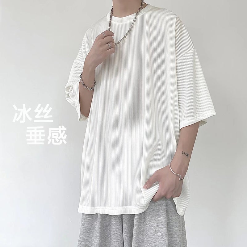 Ice Silk Striped Short-sleeved T-shirt Men's Summer Hong Kong Style Instagram Popular Brand Ice Silk T-shirt oversize Loose Draped Top - Image 3