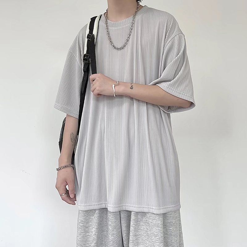 Ice Silk Striped Short-sleeved T-shirt Men's Summer Hong Kong Style Instagram Popular Brand Ice Silk T-shirt oversize Loose Draped Top - Image 1