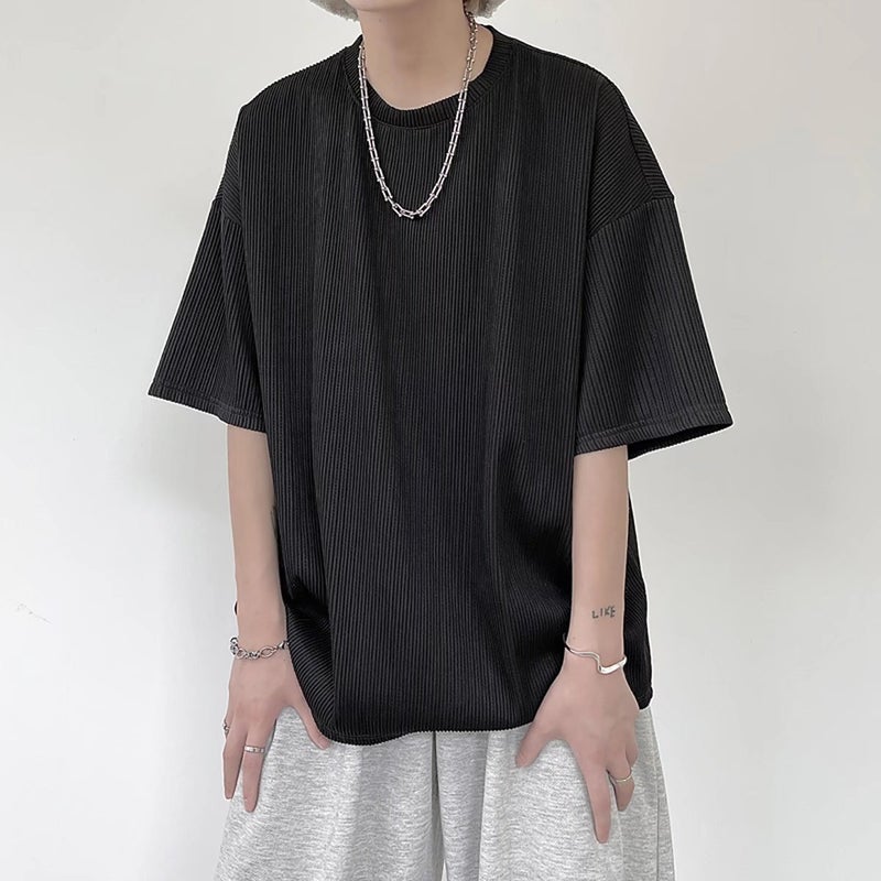 Ice Silk Striped Short-sleeved T-shirt Men's Summer Hong Kong Style Instagram Popular Brand Ice Silk T-shirt oversize Loose Draped Top - Image 4