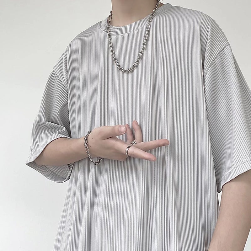 Ice Silk Striped Short-sleeved T-shirt Men's Summer Hong Kong Style Instagram Popular Brand Ice Silk T-shirt oversize Loose Draped Top - Image 2
