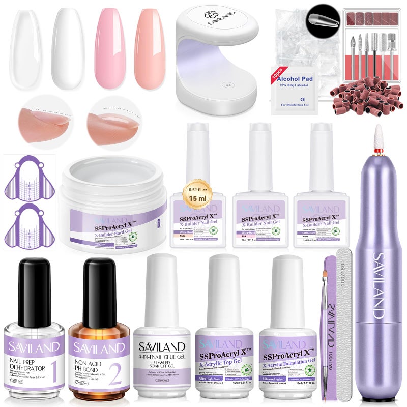 SAVILAND Builder Nail Gel Kit with Nail Drill Clear Pink Nude White Gel Builder for Nails VE Castor Oil Ultra Hard Gel with U V Lamp Base Top Coat for Nail Apex Extension Strengthener SSProAcryl X - Image 2