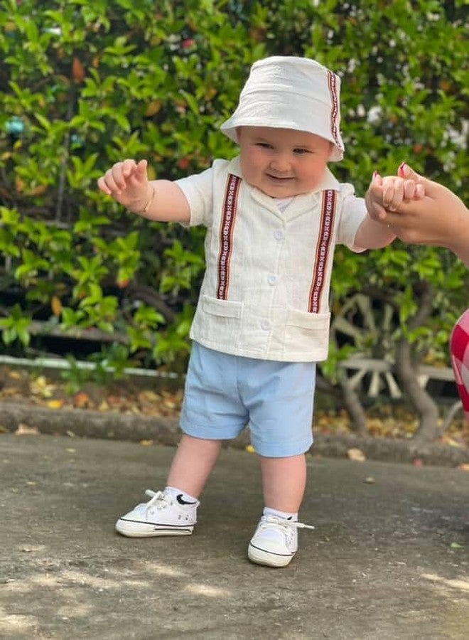 KOZBY Toddler Baby Boy Summer Outfit Embroidered Mexican Guayabera Shorts Set with Hat Blue 18-24 Months - Image 2