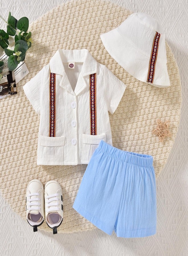 KOZBY Toddler Baby Boy Summer Outfit Embroidered Mexican Guayabera Shorts Set with Hat Blue 18-24 Months - Image 5