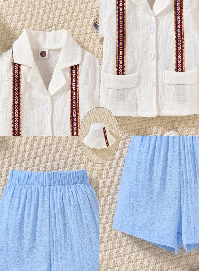 KOZBY Toddler Baby Boy Summer Outfit Embroidered Mexican Guayabera Shorts Set with Hat Blue 18-24 Months - Image 4