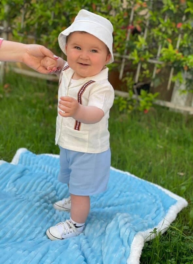 KOZBY Toddler Baby Boy Summer Outfit Embroidered Mexican Guayabera Shorts Set with Hat Blue 18-24 Months - Image 3