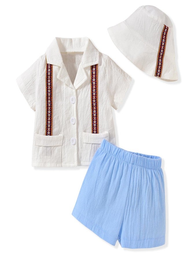KOZBY Toddler Baby Boy Summer Outfit Embroidered Mexican Guayabera Shorts Set with Hat Blue 18-24 Months - Image 1