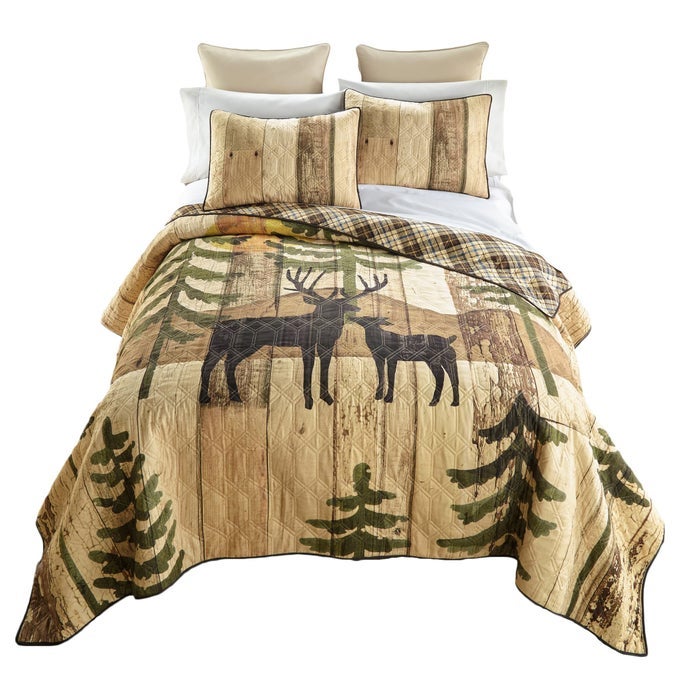 FULLQUEEN BEDDING SET 3 PIECE PAINTED DEER LODGE QUILT SET WITH FULLQUEEN QUILT AND TWO STANDARD PILLOW SHAMS FITS QUEEN SIZE AND FULL SIZE BEDS MACHINE WASHABLE