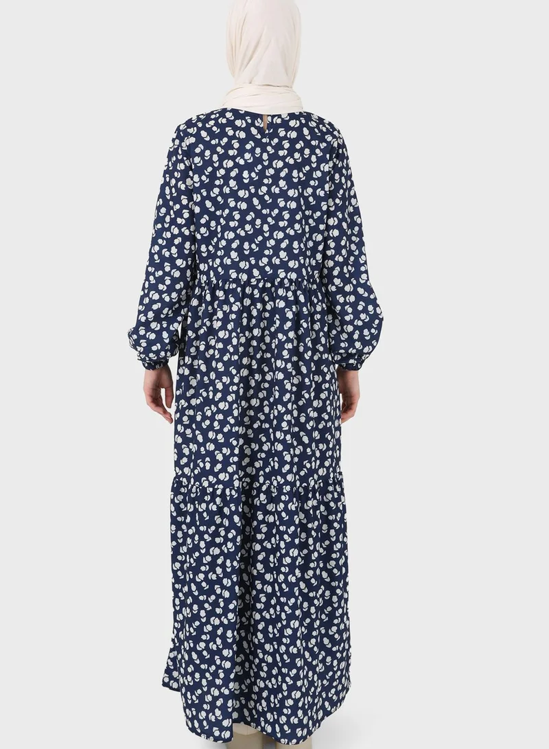 Benin by modanisa Floral Printed Tiered Dress