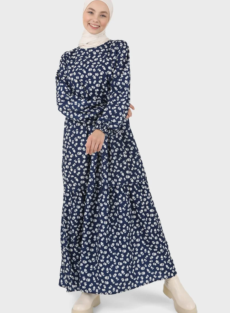 Benin by modanisa Floral Printed Tiered Dress