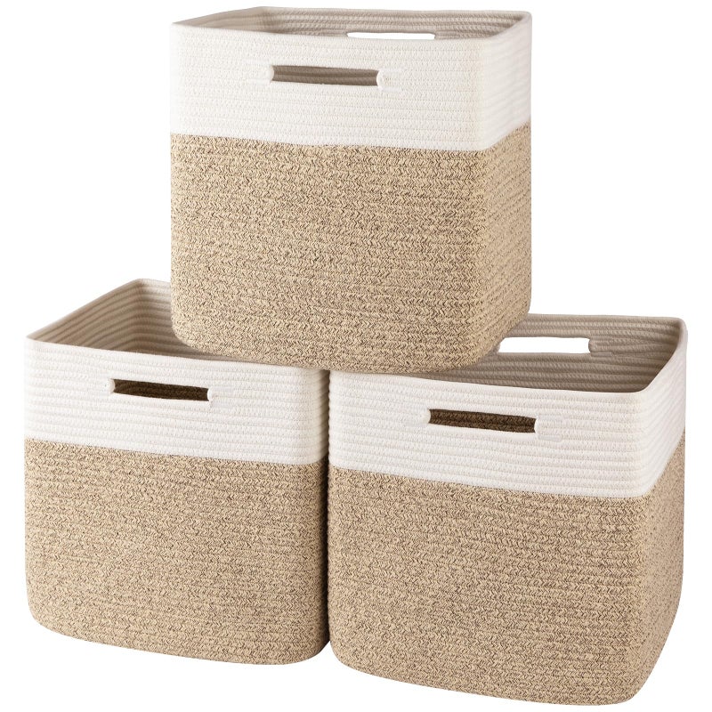 OIAHOMY 13 Kallax Inch Cube Storage Bins, 3-Pack Cotton Rope Woven Baskets for Organizing, Kallax Insert Storage Baskets for Shelves, Baby Nursery, Closet Organizer, 13*13*12.6IN, Brown & White - Image 1