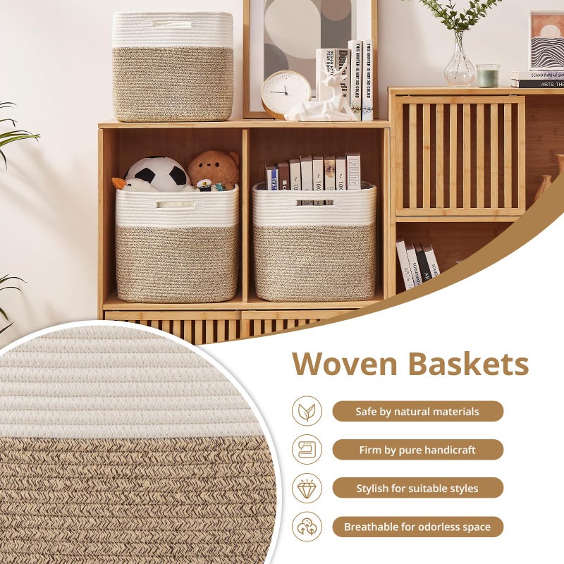 OIAHOMY 13 Kallax Inch Cube Storage Bins, 3-Pack Cotton Rope Woven Baskets for Organizing, Kallax Insert Storage Baskets for Shelves, Baby Nursery, Closet Organizer, 13*13*12.6IN, Brown & White - Image 5