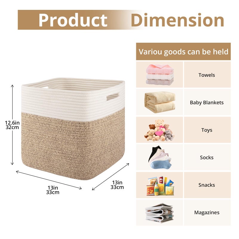 OIAHOMY 13 Kallax Inch Cube Storage Bins, 3-Pack Cotton Rope Woven Baskets for Organizing, Kallax Insert Storage Baskets for Shelves, Baby Nursery, Closet Organizer, 13*13*12.6IN, Brown & White - Image 2
