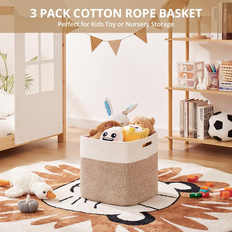 OIAHOMY 13 Kallax Inch Cube Storage Bins, 3-Pack Cotton Rope Woven Baskets for Organizing, Kallax Insert Storage Baskets for Shelves, Baby Nursery, Closet Organizer, 13*13*12.6IN, Brown & White - Image 4