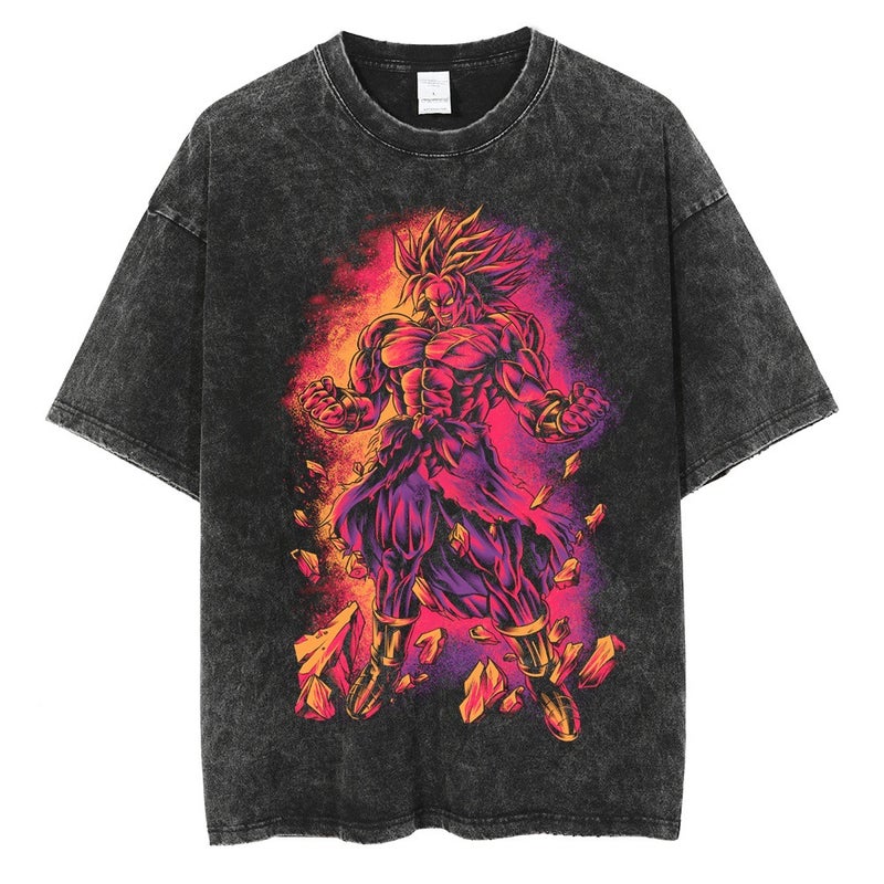 Washed Vintage T-Shirt Street Hip Hop Anime Dragon Ball Cartoon Printed Graphic Casual Cotton Summer Short Sleeve Street Tide 17 retro black