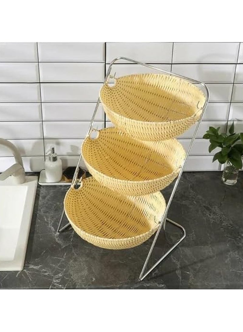 منظم مطبخ للخضروات و الفواكه مصنوع من الراتان مكون من 3 أرفف | أرفف تخزين البطاطس و البصل | سلة تخزين من الخيزران | رف مطبخ - Image 1