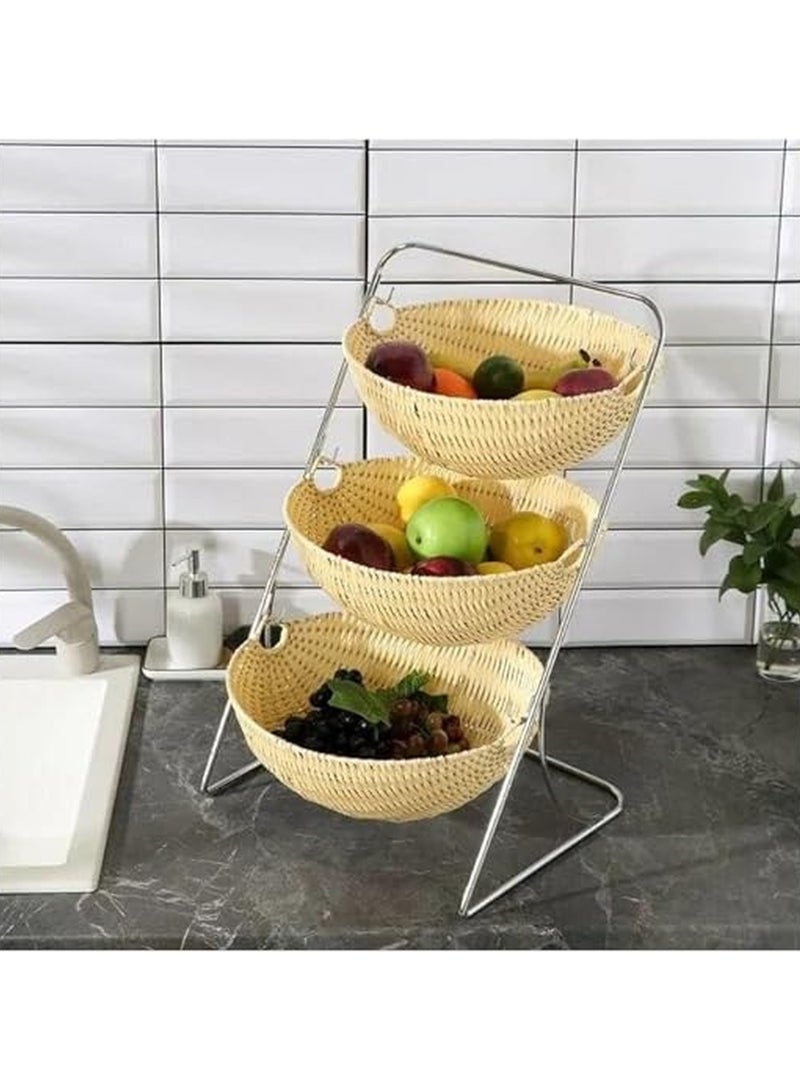 منظم مطبخ للخضروات و الفواكه مصنوع من الراتان مكون من 3 أرفف | أرفف تخزين البطاطس و البصل | سلة تخزين من الخيزران | رف مطبخ - Image 2