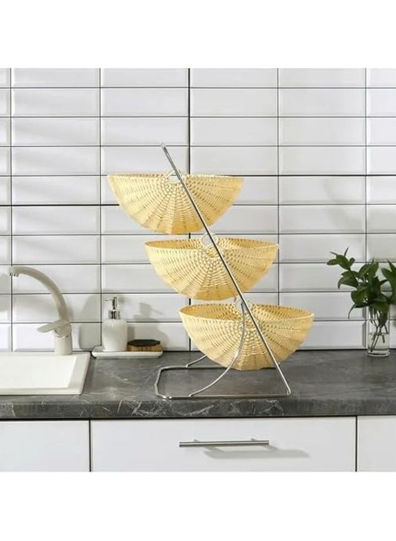 منظم مطبخ للخضروات و الفواكه مصنوع من الراتان مكون من 3 أرفف | أرفف تخزين البطاطس و البصل | سلة تخزين من الخيزران | رف مطبخ - Image 4