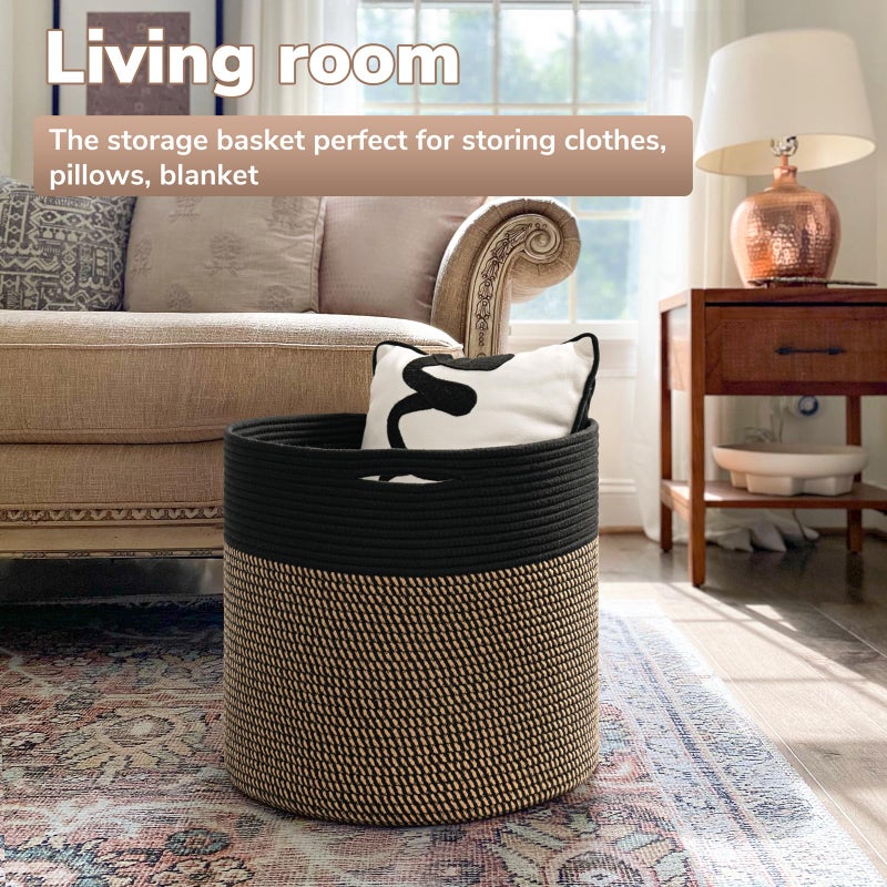 Goodpick Woven Rope Storage Basket, Blanket Basket for Towel, Shoe, Clothes, Large Toy Storage for Playroom, Living Room, Nursery, Toy Bin, Black - Image 2