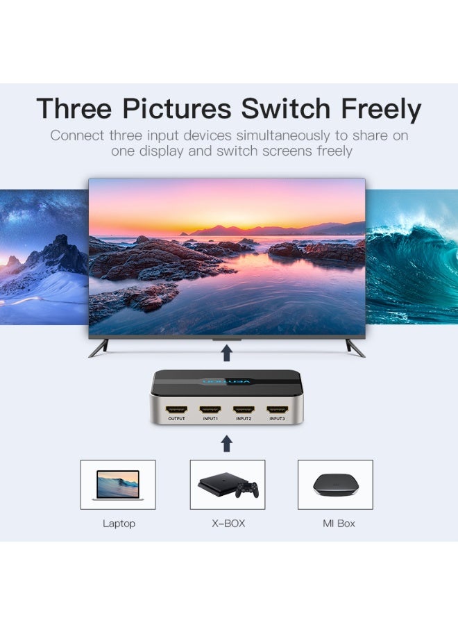 VENTION 3 In 1 Out HDMI Switcher With Audio Separation Gray Metal Type Model # AFJH0 - Image 2
