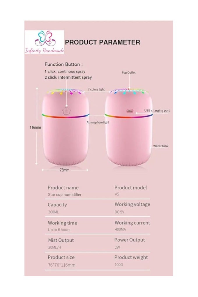 Enjoy a refreshing and calming atmosphere with the elegant groove-light design H2O diffuser, featuring a USB connection, in pink color. - Image 4