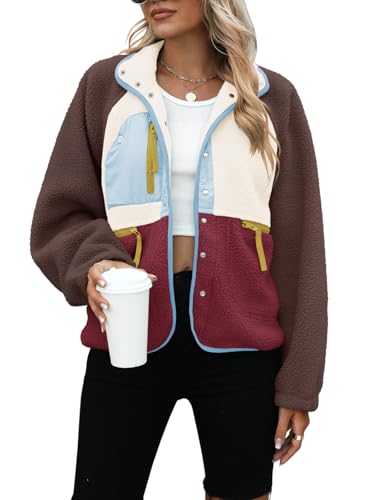 Yanekop Fleece Jacket Women Button Down Sherpa Jacket Christmas Sweaters Fuzzy Outerwear Cropped Jacket with Pockets(B Brown Light Blue,XS) - Image 5