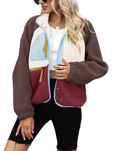 Yanekop Fleece Jacket Women Button Down Sherpa Jacket Christmas Sweaters Fuzzy Outerwear Cropped Jacket with Pockets(B Brown Light Blue,XS) - Image 2