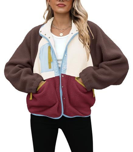 Yanekop Fleece Jacket Women Button Down Sherpa Jacket Christmas Sweaters Fuzzy Outerwear Cropped Jacket with Pockets(B Brown Light Blue,XS) - Image 3
