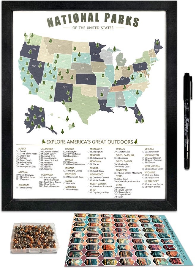 flinelife National Parks Map Checklist With Pins and Pen, 12X10, National Park Map, Perfect for National Parks Lovers, Hiker, Couples and Families Gift - Image 1