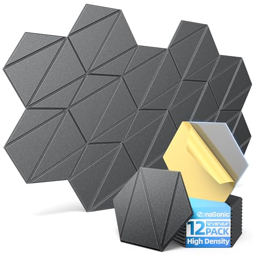 ZonaSonic 12 Pack Acoustic Panels with Self-Adhesive 12"X10"X0.4" Sound Proof Foam Panels for Walls, High Density Soundproof Wall Panels, Z-Line Hexagon Sound Dampening Panels for Home Studio Decor Office-Black - Image 1