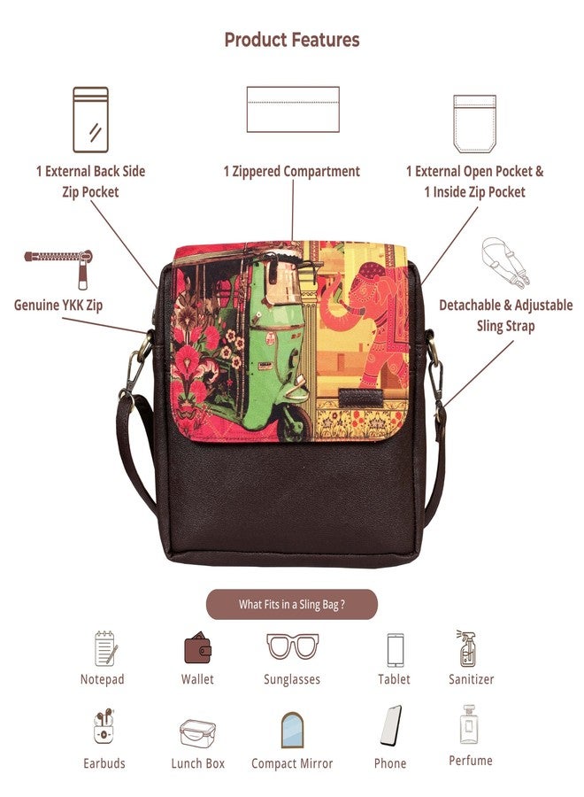 Fatfatiya Auto Rickshaw, Elephant & Floral Art Sling Bag - Vibrant, Cultural & Handcrafted | Vegan Leather - Image 5