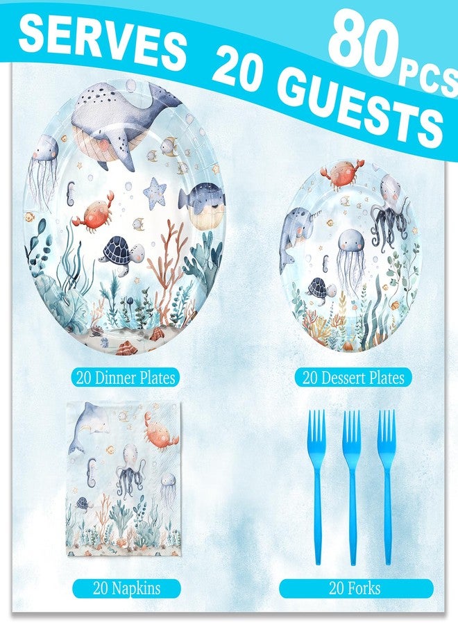 Celee Under the Sea Party Supplies for 20 Guests - Ocean Themed Birthday Party Plates, Napkins, and Blue Forks - Disposable Underwater Animal Tableware for Kids’ Birthday or Baby Shower - Image 3