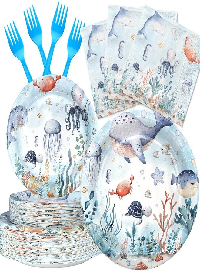 Celee Under the Sea Party Supplies for 20 Guests - Ocean Themed Birthday Party Plates, Napkins, and Blue Forks - Disposable Underwater Animal Tableware for Kids’ Birthday or Baby Shower - Image 1